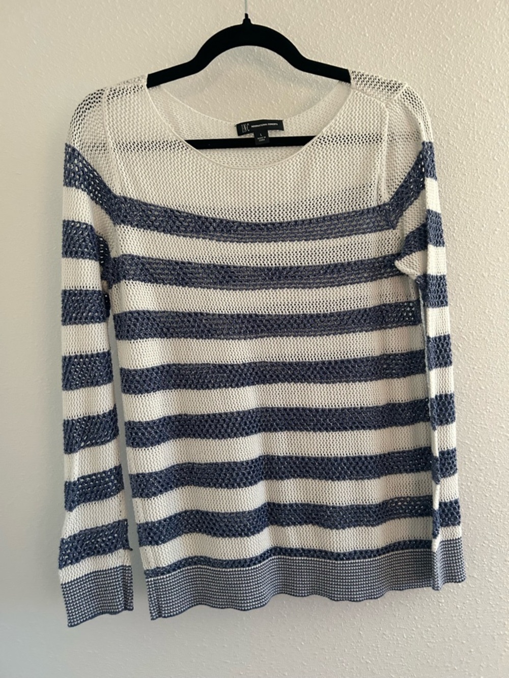 INC International Concepts White and Navy Striped Open-Knit Crewneck Sweater